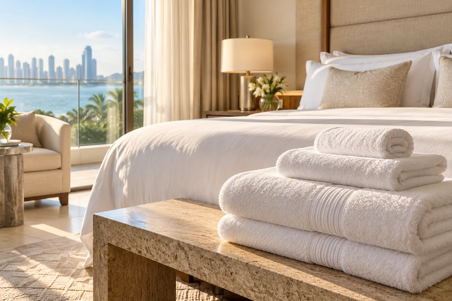 Habitación de hotel con ropa de cama y toallas